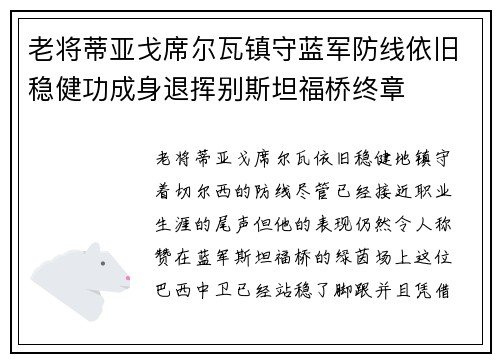 老将蒂亚戈席尔瓦镇守蓝军防线依旧稳健功成身退挥别斯坦福桥终章