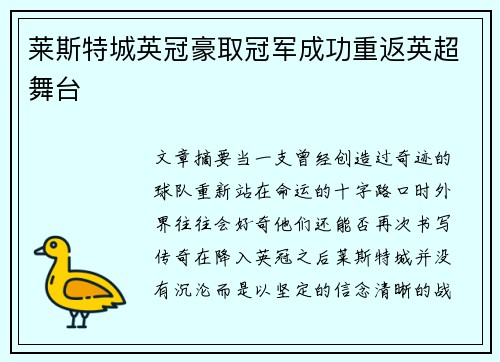 莱斯特城英冠豪取冠军成功重返英超舞台 莱斯特城英冠豪取冠军成功重返英超舞台